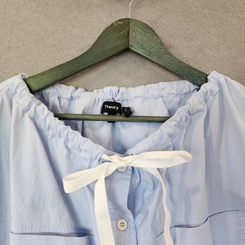 Theory Velvela Utility Blouse Top Womens L‎ Blue Drawstring Button Up - Picture 8 of 13